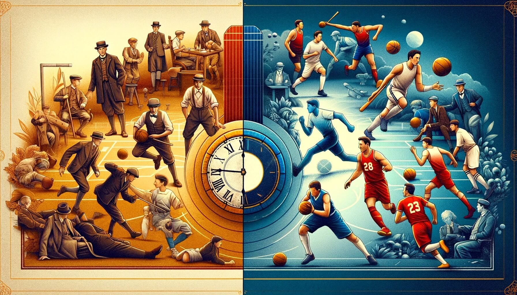 A scene comparing sports from different eras, including a clock in the middle of the image